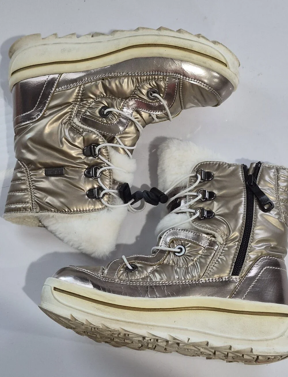 Metallic Taupe Girl's Winter Ankle Boots with Faux Fur Size 2.5